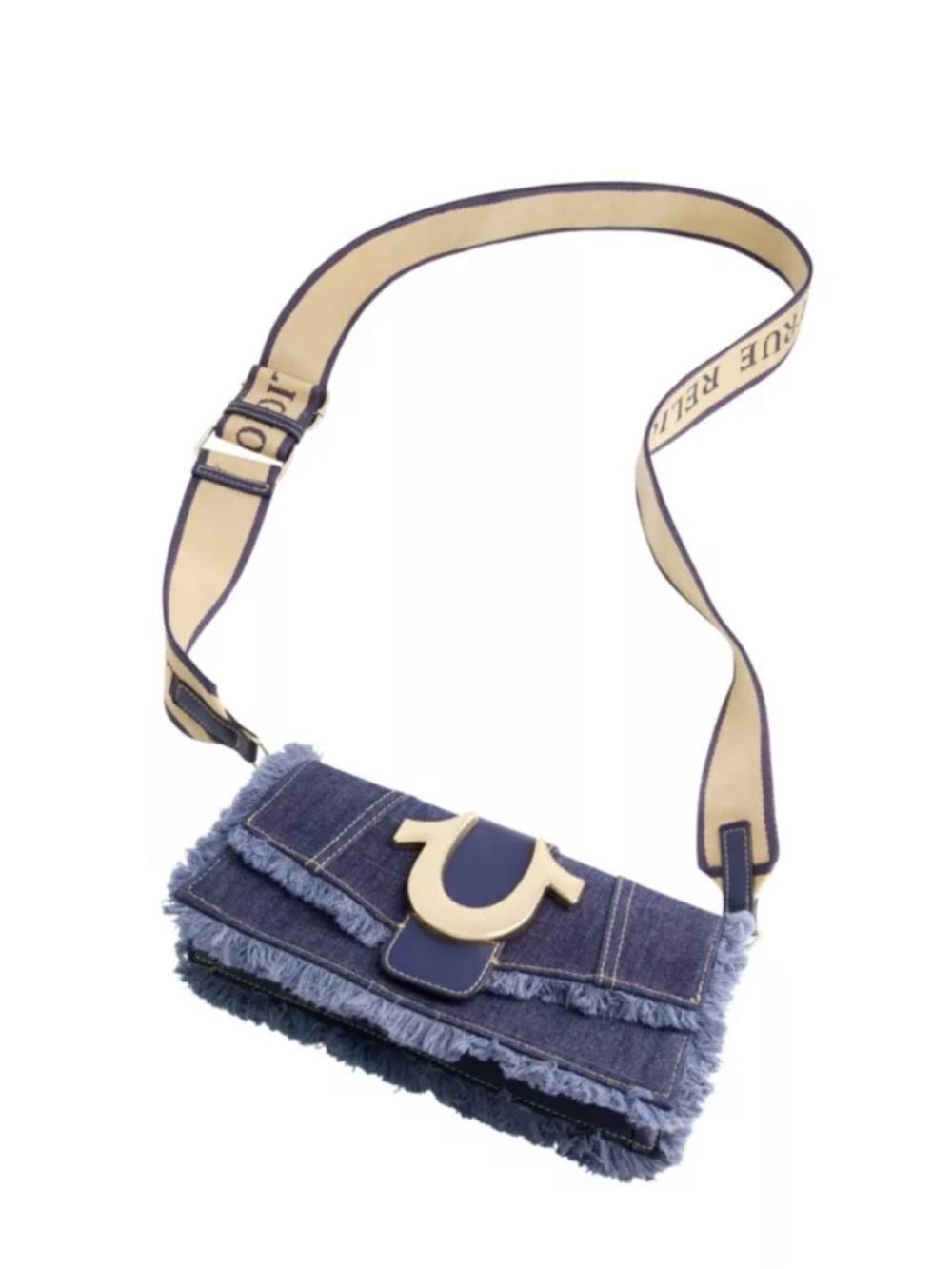 True Religion Dark Blue Frayed Denim Crossbody Bag with Gold Hardware - Picture 4 of 7